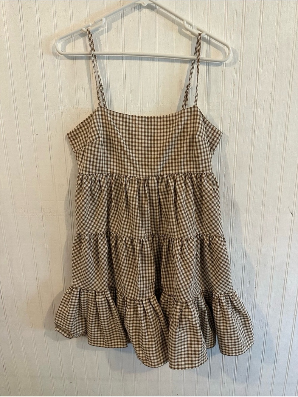 Showpo Brown Gingham Tiered Spaghetti-Strap Dress